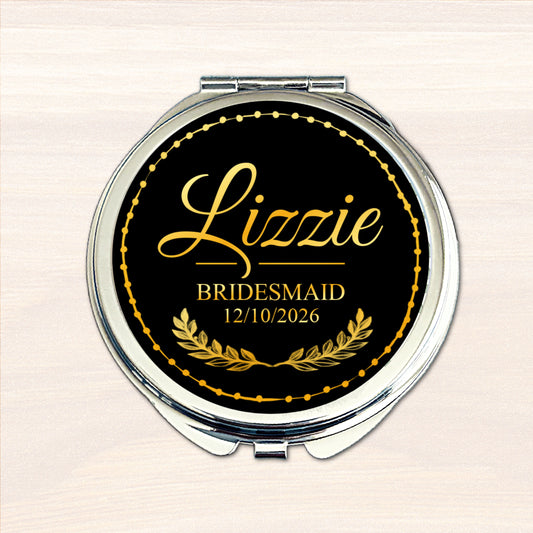 Personalised bridesmaid compact mirror with black and gold wedding design