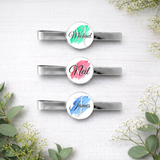Personalised watercolour splash name tie bar custom wedding tie clip in silver tone