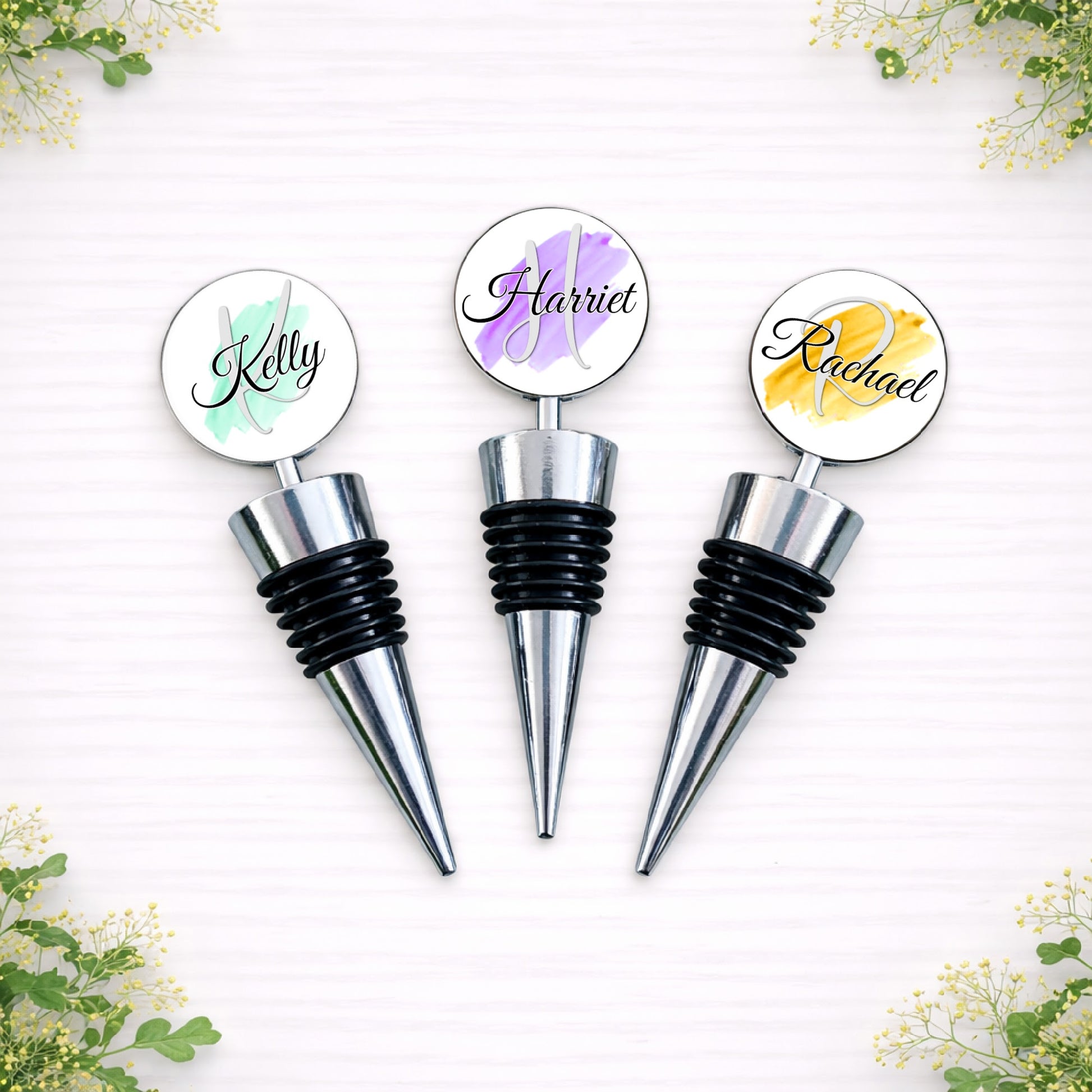 Personalised brushstroke bottle stoppers with custom names for bridal party wedding gifts