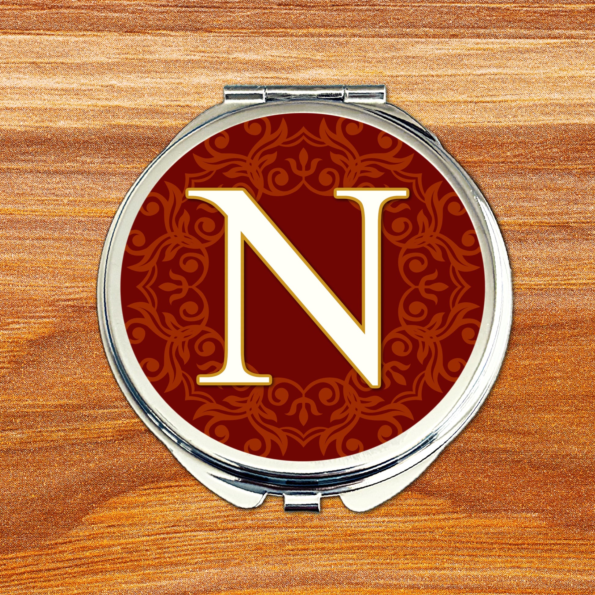 Burgundy wedding colour compact mirror with personalised monogram initial, bridal party gift