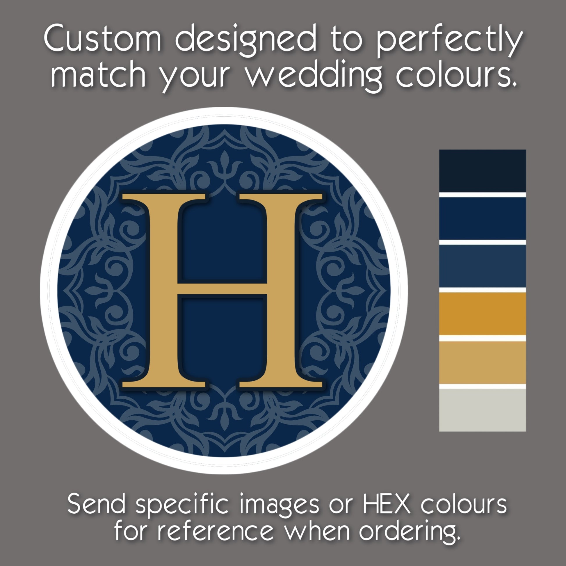 Custom blue initial cufflinks with damask pattern for groom and groomsmen