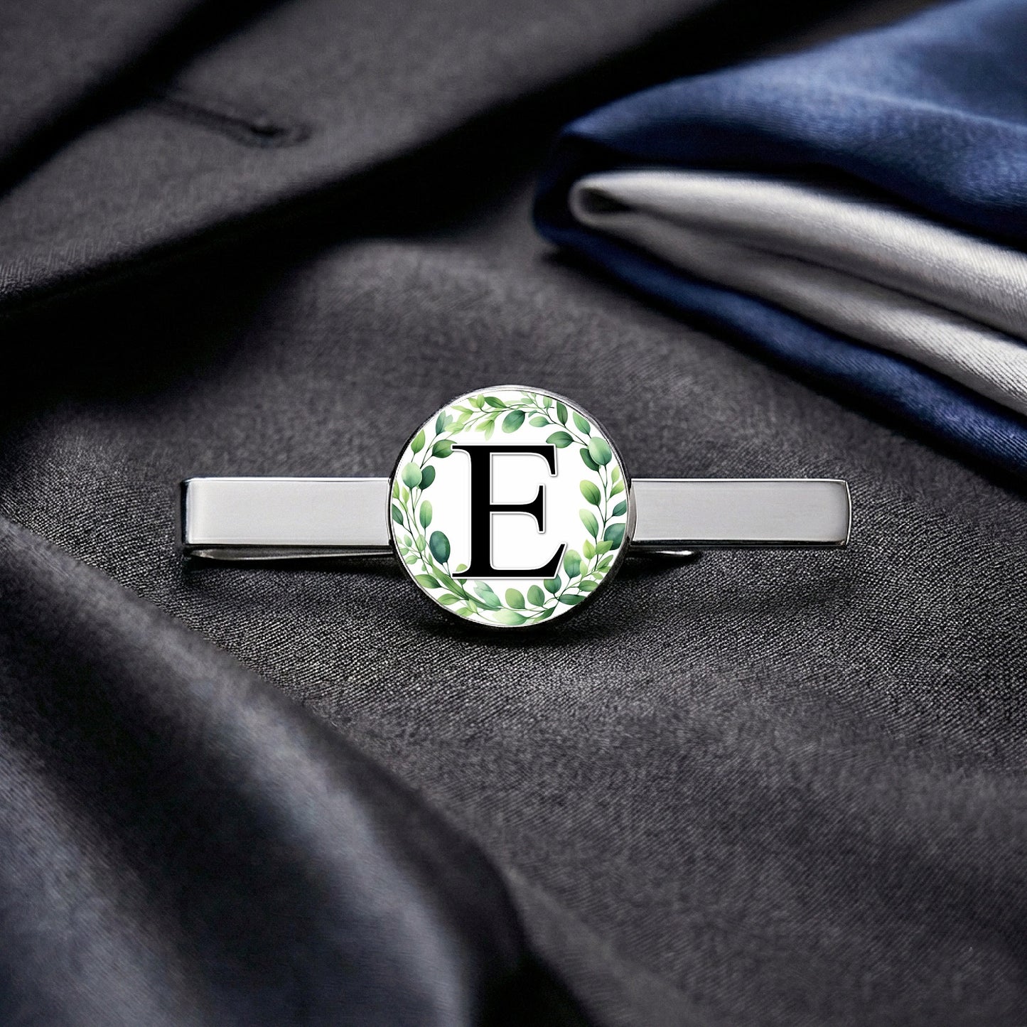 Personalised Initial Eucalyptus Tie Clip • Botanical Wedding Tie Bar • Custom Letter Tie Slide