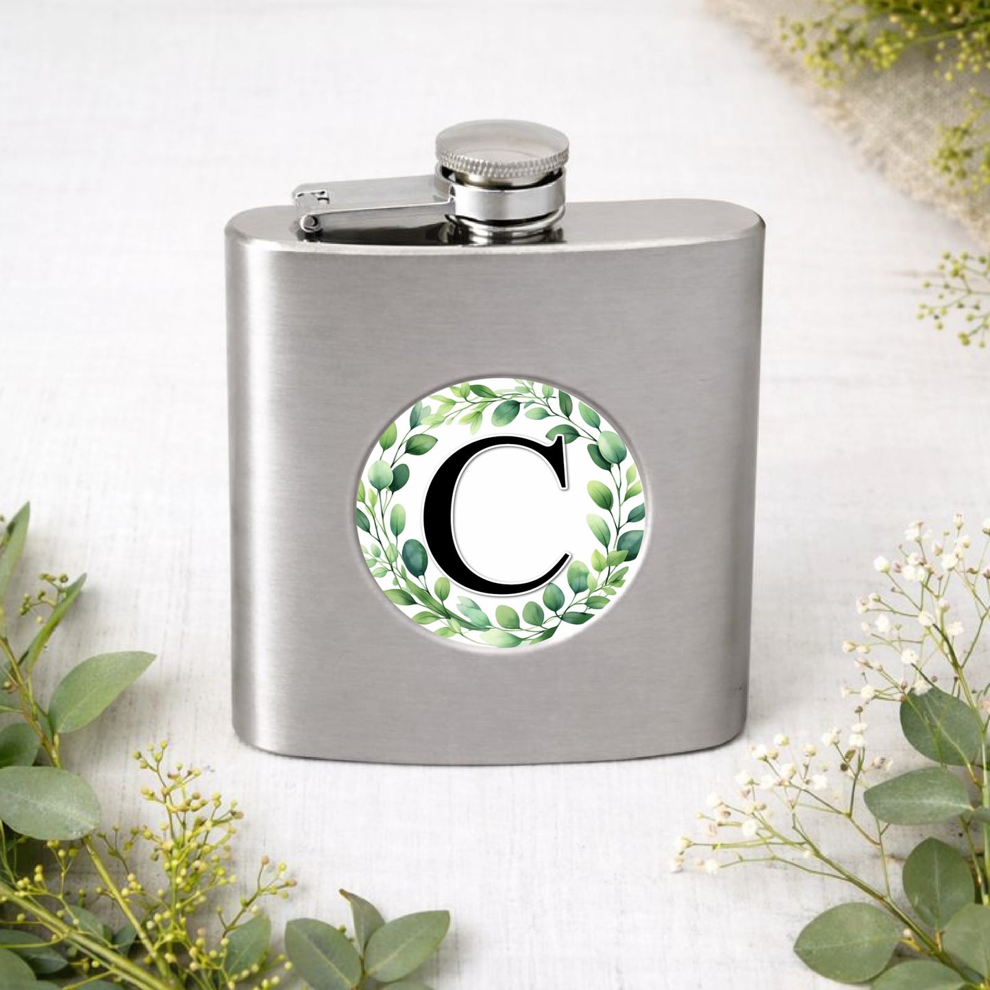 Personalised Eucalyptus Initial Hip Flask – 6oz Brushed Stainless Steel – Custom Wedding Party Gift for Groomsmen, Best Man or Bridesmaid