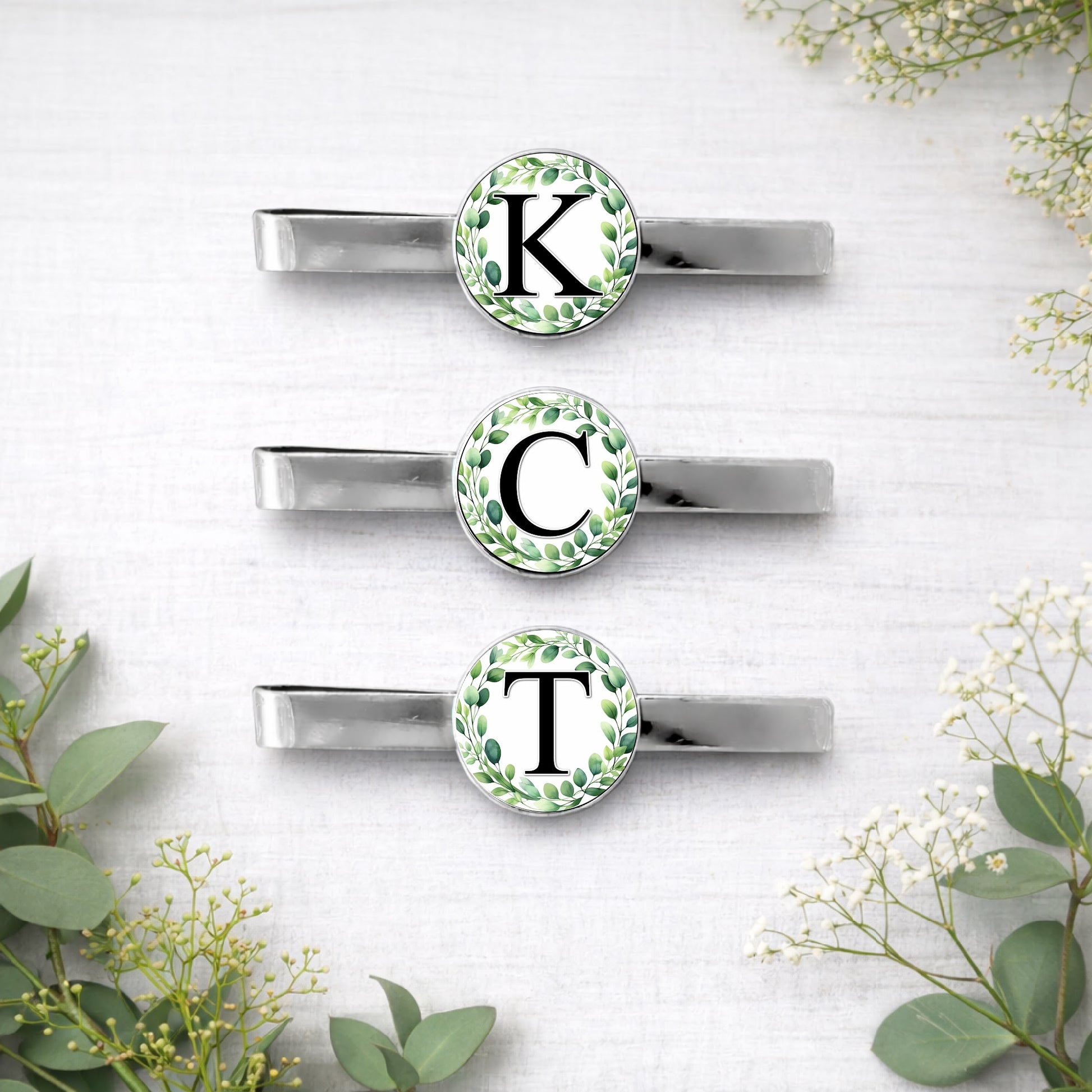 Personalised initial eucalyptus tie clip botanical wedding tie bar