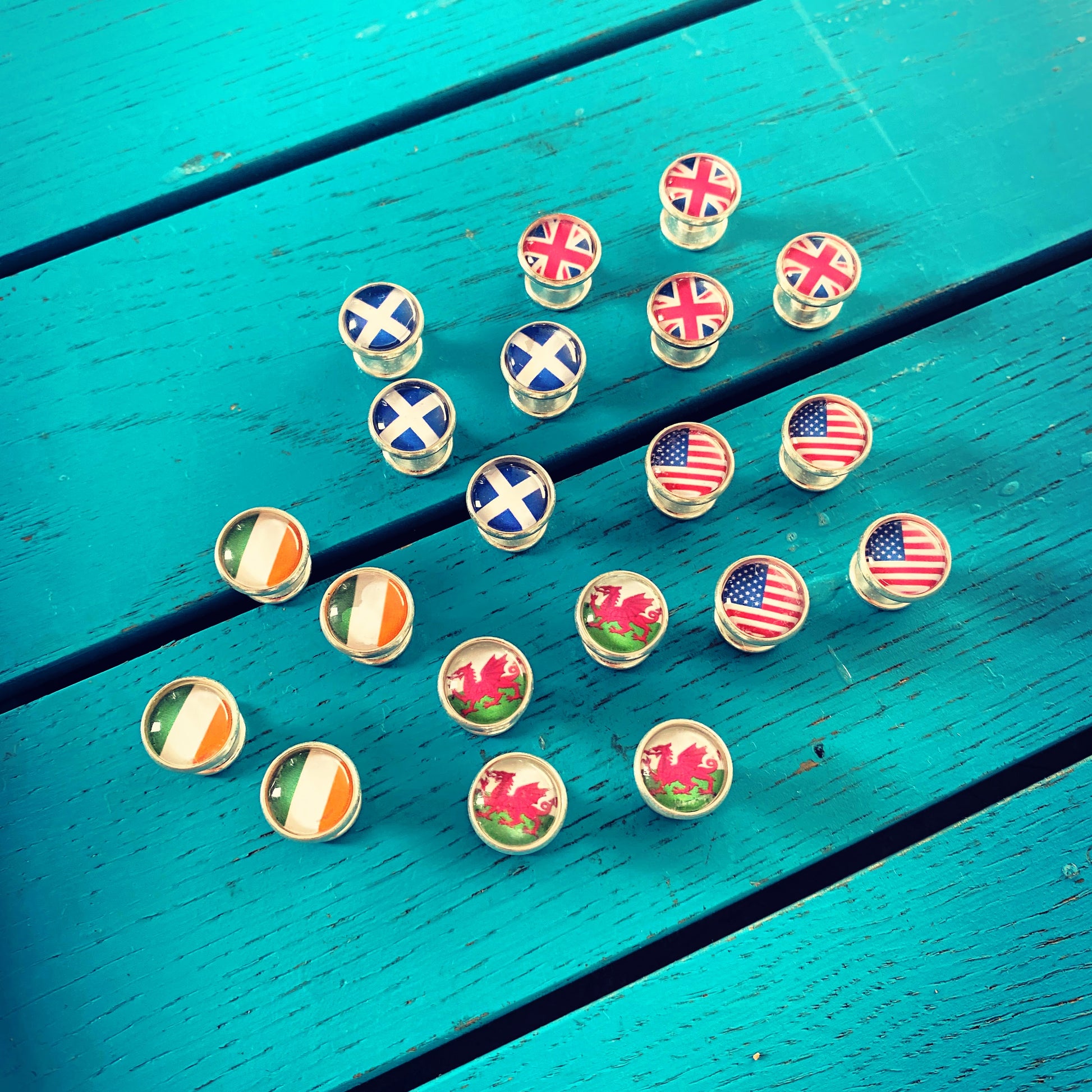 Custom flag shirt studs available in sets of 4 or 6. Choose any national, county, state or pride flag. 10mm glass dome tuxedo studs made to order.