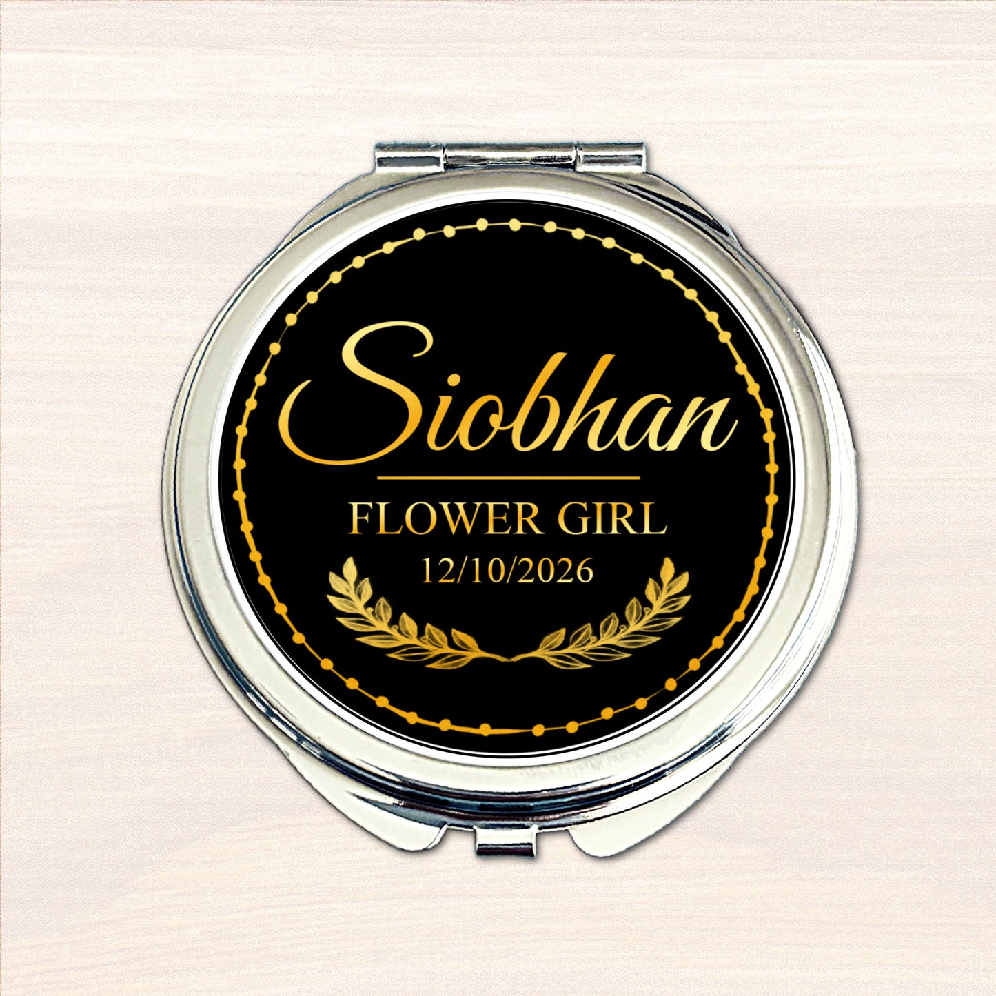 Personalised Flower Girl compact mirror with black and gold wedding design