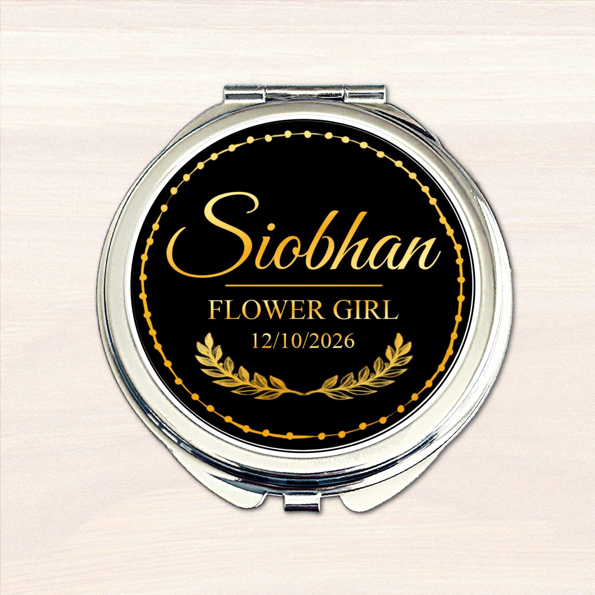 Personalised Flower Girl compact mirror with black and gold wedding design