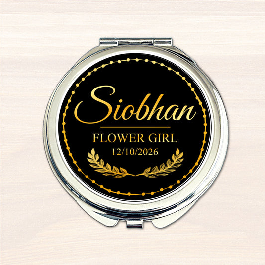 Personalised Flower Girl compact mirror with black and gold wedding design