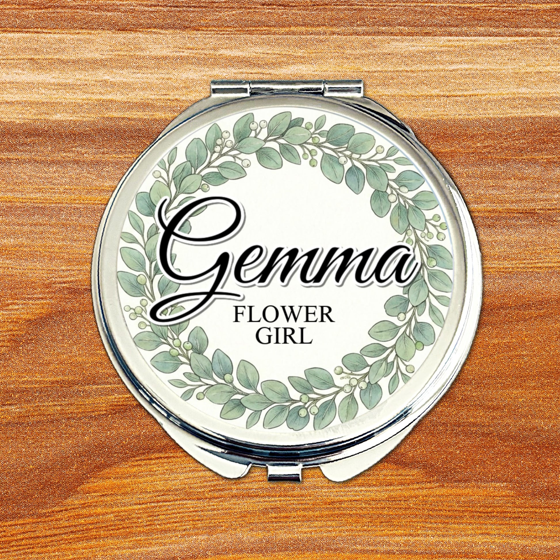Personalised Flower Girl compact mirror with eucalyptus wreath wedding design