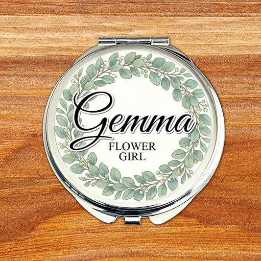 Personalised Flower Girl compact mirror with eucalyptus wreath wedding design