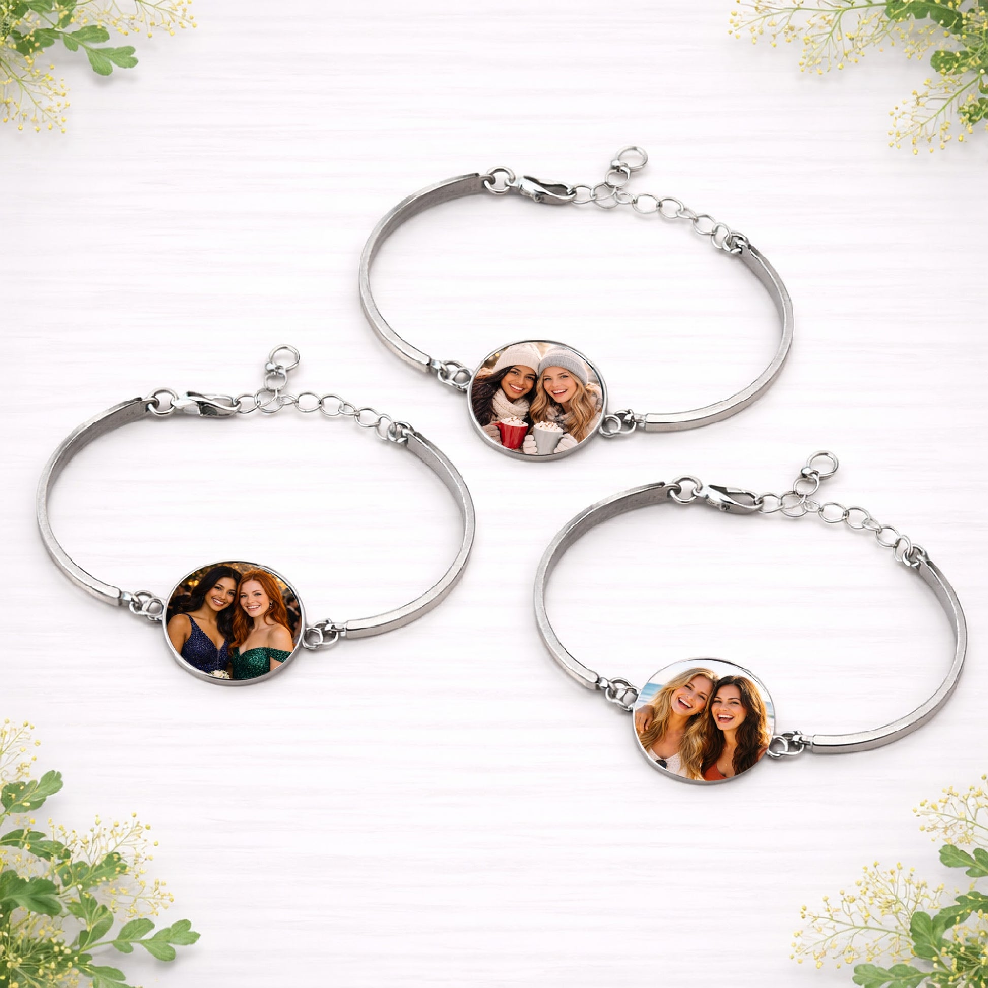 Personalised photo bracelets with custom images of friends displayed in circular charms on silver adjustable bracelets.
