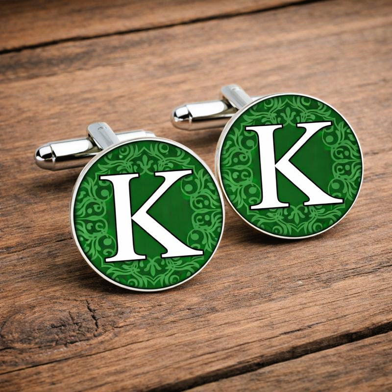 Forest green monogram cufflinks matching wedding colour palette