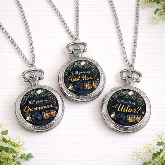 Three silver personalised pocket watches featuring “Will you be my Best Man?”, “Groomsman?” and “Usher?” designs with navy and gold wedding theme.