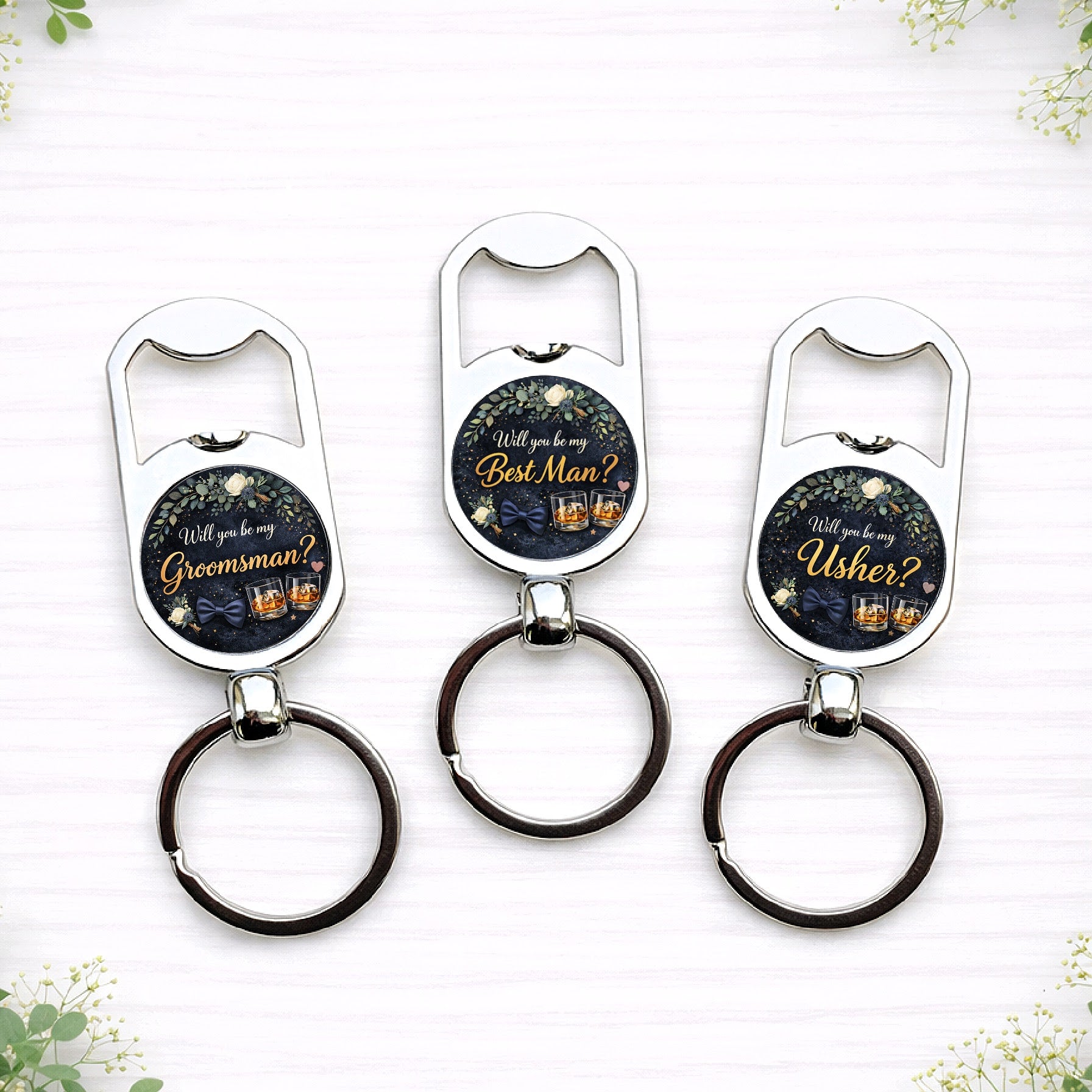Personalised groomsman proposal bottle opener keyrings with Best Man, Groomsman and Usher designs.