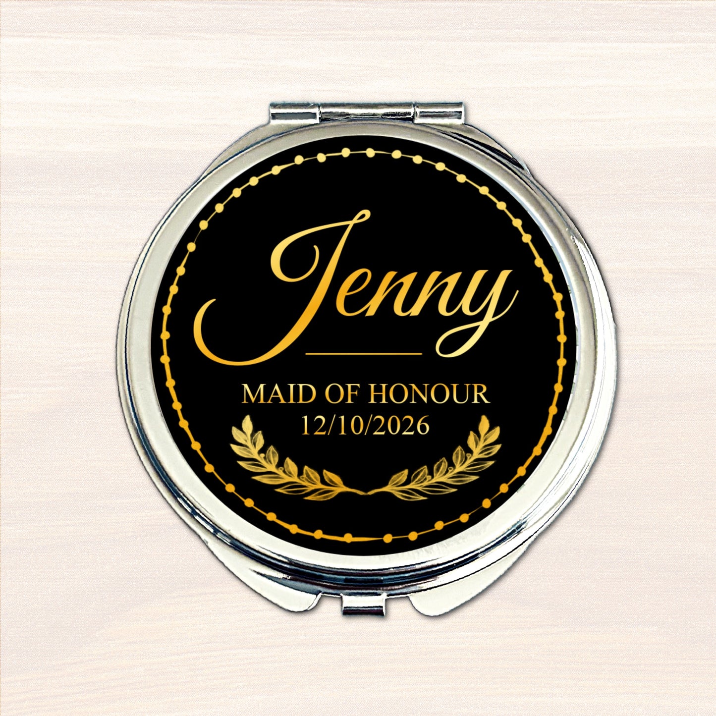 Personalised Maid of Honour compact mirror with black and gold wedding design