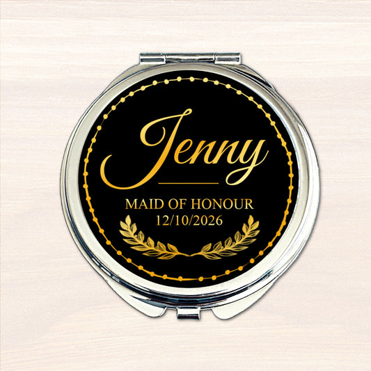 Personalised Maid of Honour compact mirror with black and gold wedding design