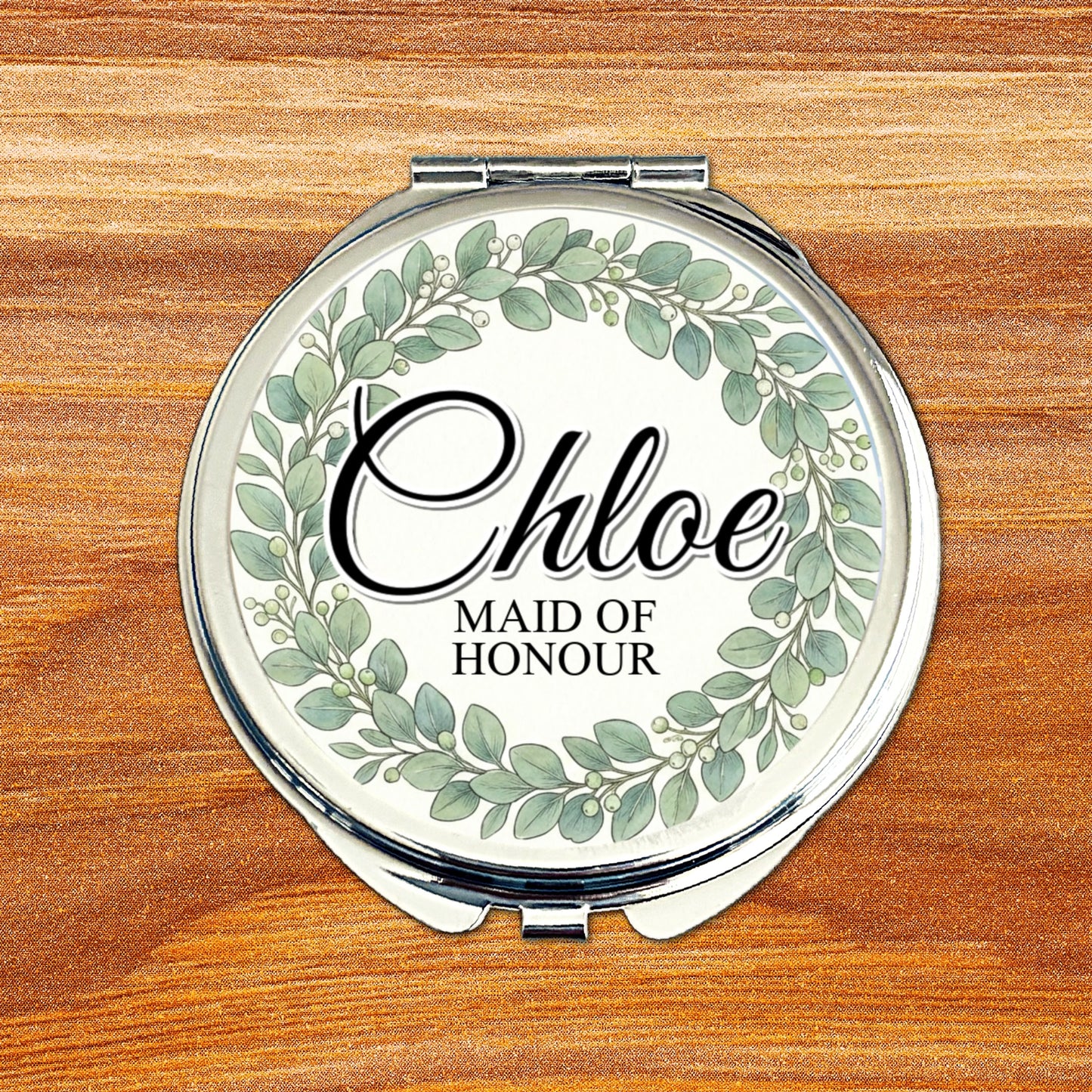 Personalised Maid of Honour Compact Mirror • Eucalyptus Wedding Design • Bridal Party Keepsake