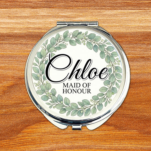 Personalised Maid of Honour Compact Mirror • Eucalyptus Wedding Design • Bridal Party Keepsake