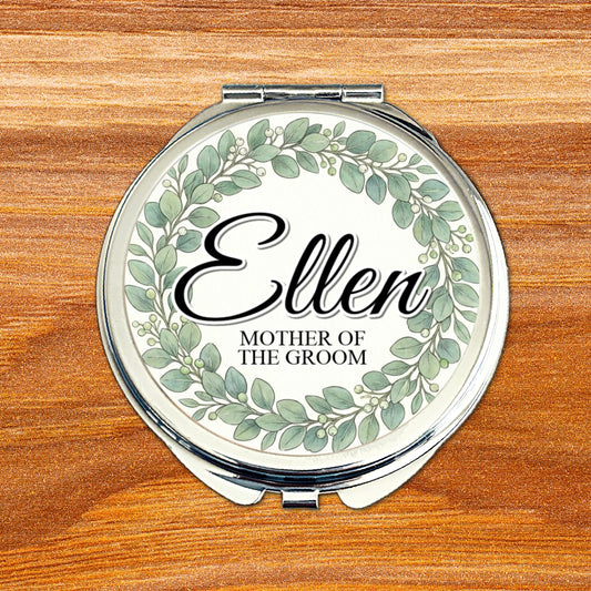 Personalised Mother of the Groom compact mirror with eucalyptus wreath wedding design