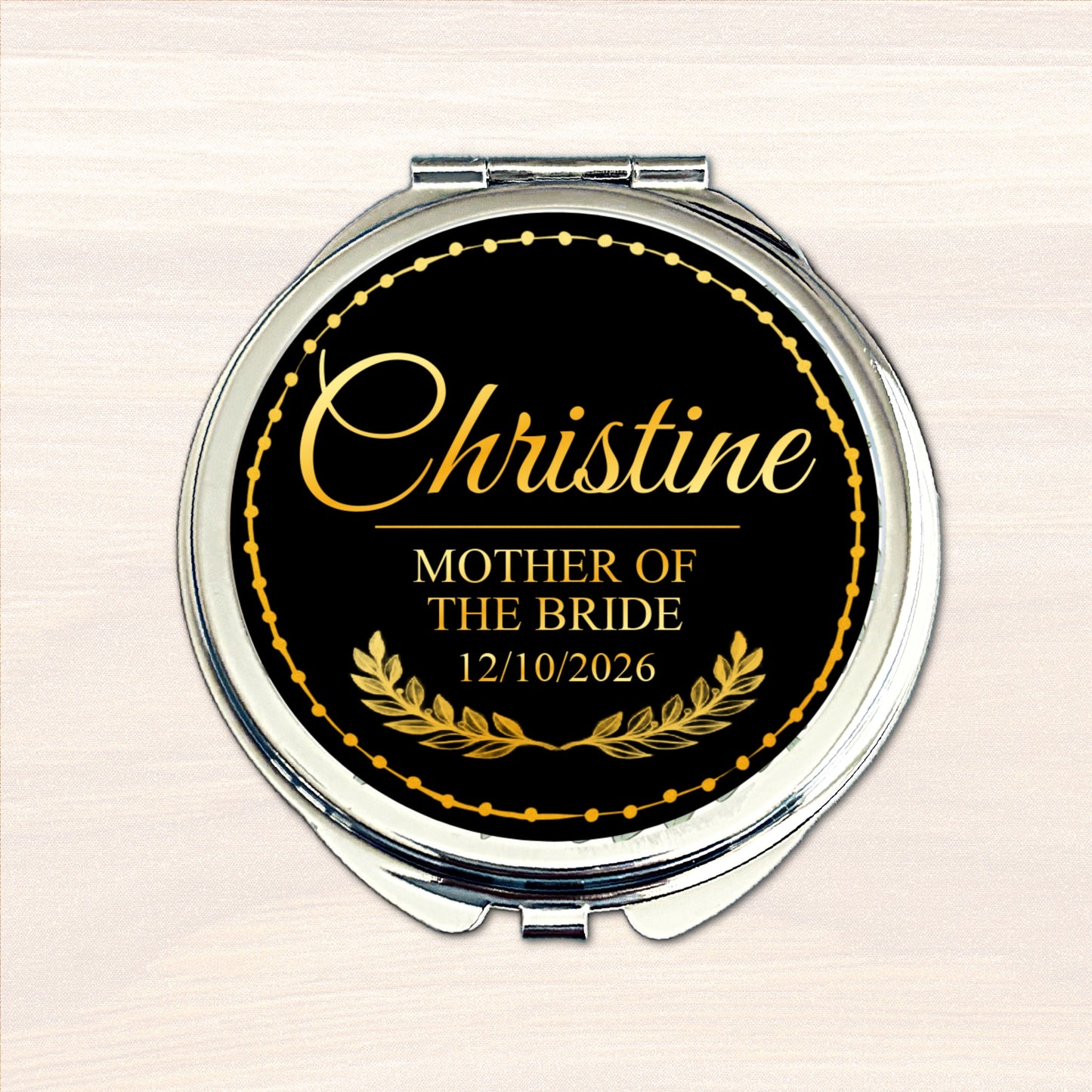 Personalised Mother of the Bride compact mirror with black and gold wedding design