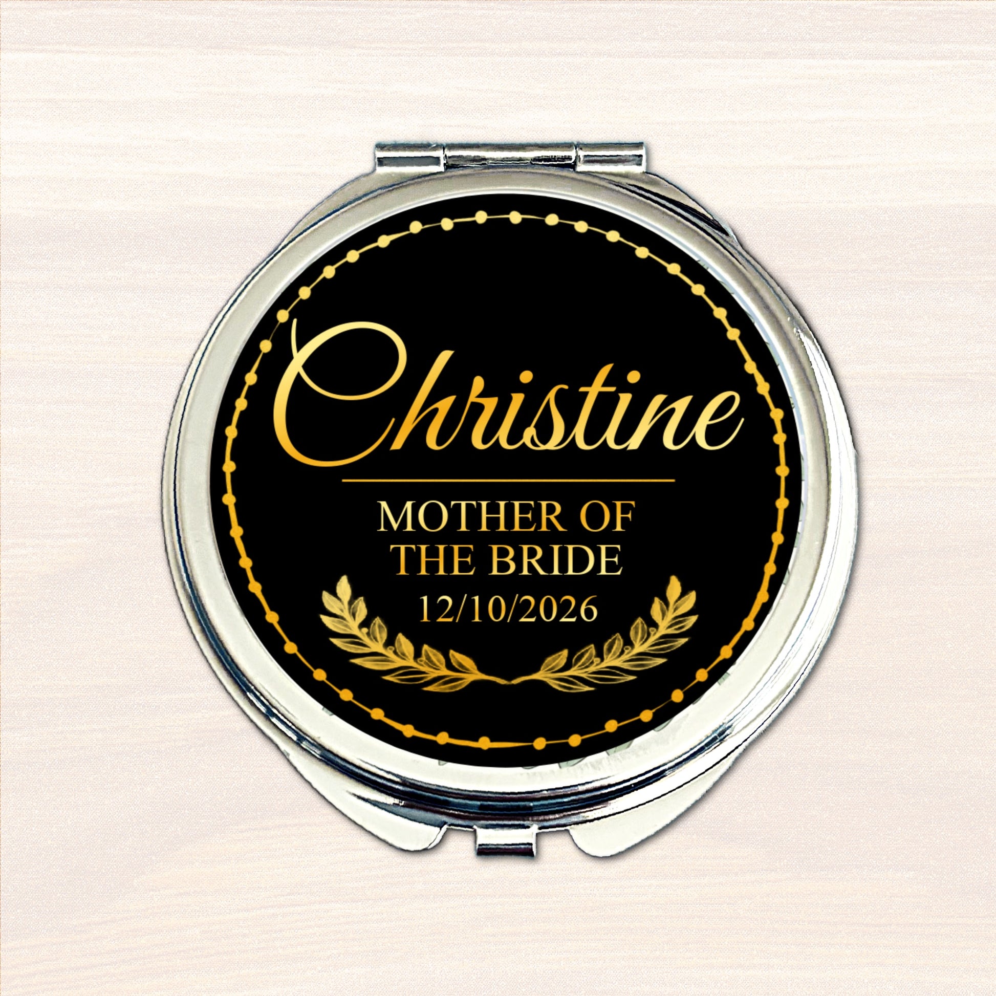 Personalised Mother of the Bride compact mirror with black and gold wedding design