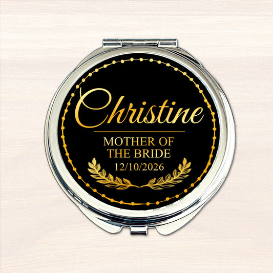 Personalised Mother of the Bride compact mirror with black and gold wedding design