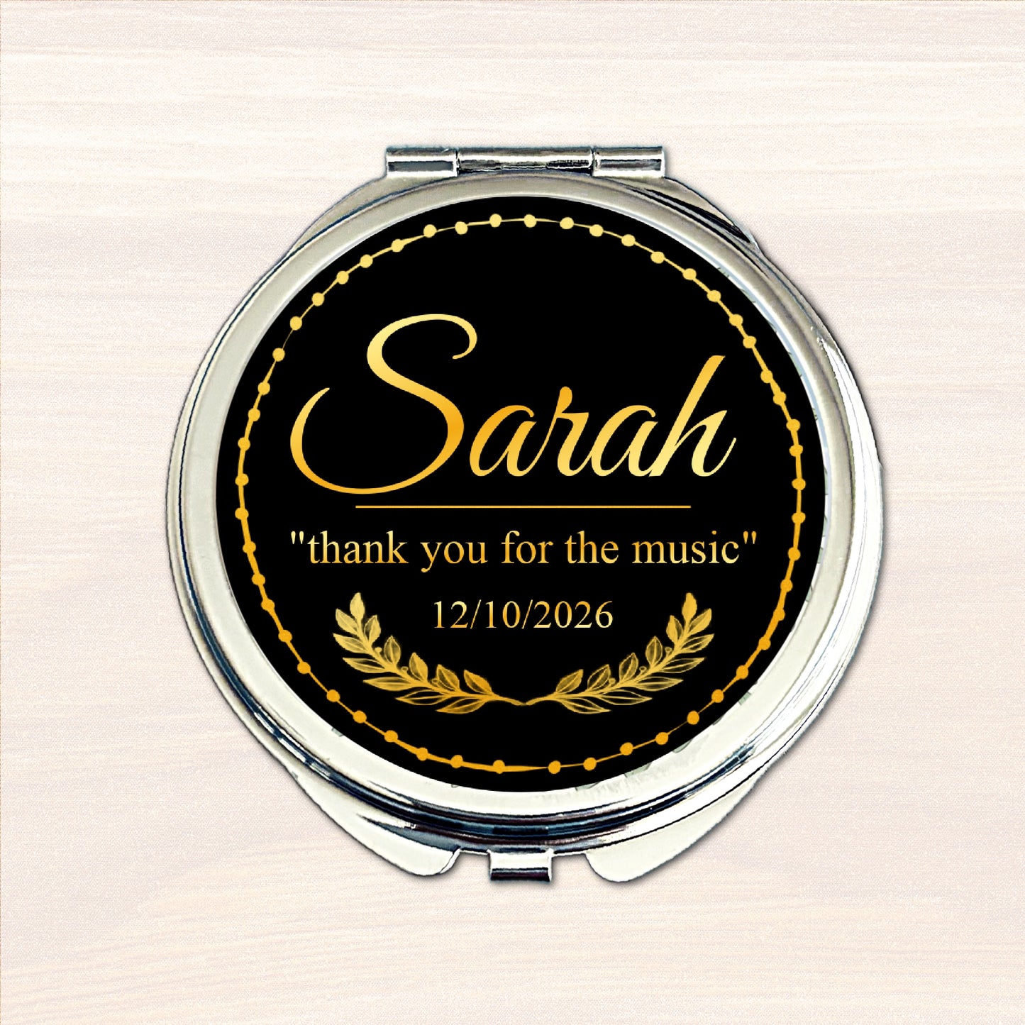 Personalised musician compact mirror with black and gold wedding thank you design