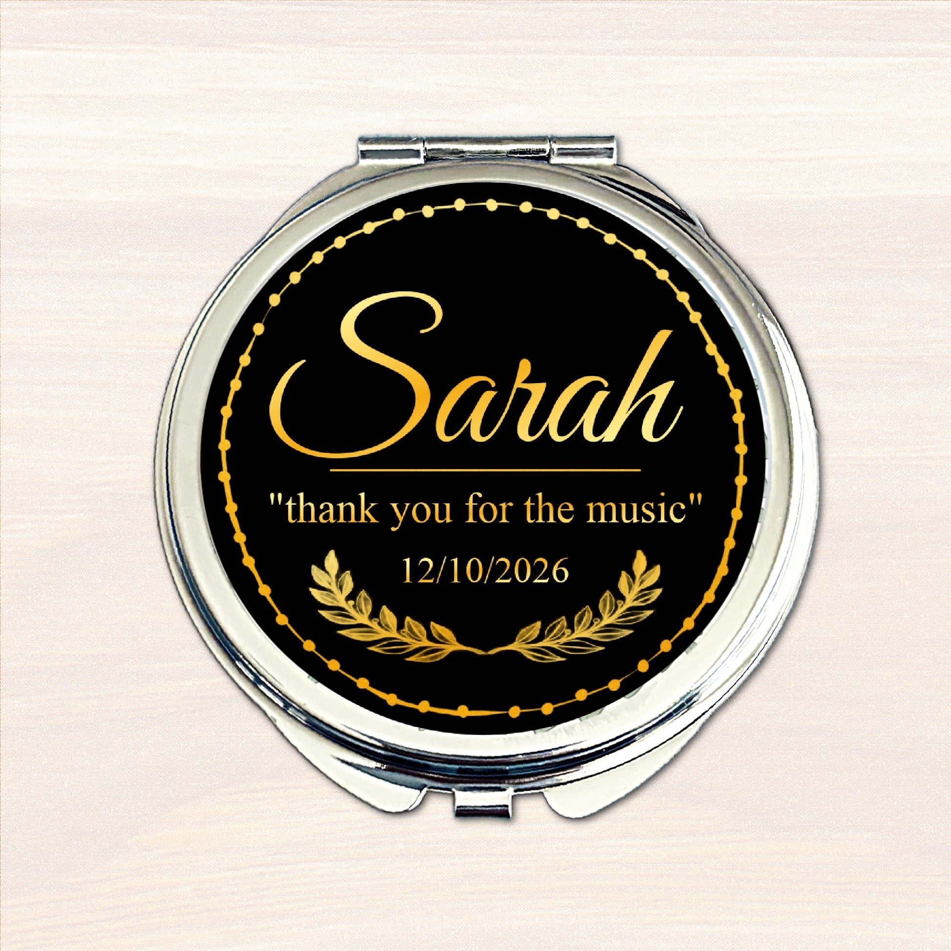 Personalised musician compact mirror with black and gold wedding thank you design