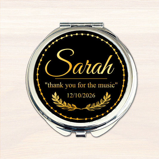 Personalised musician compact mirror with black and gold wedding thank you design