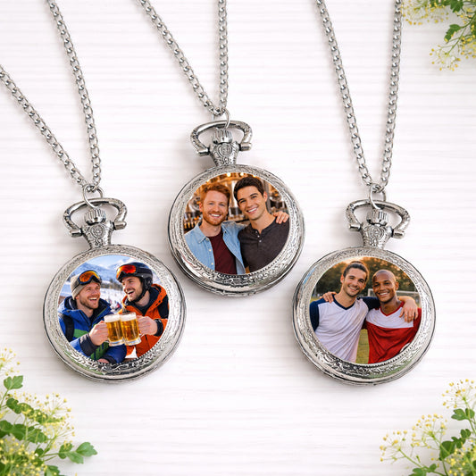 Silver personalised pocket watches featuring custom photo inserts of friends, created as sentimental groomsmen wedding gifts.