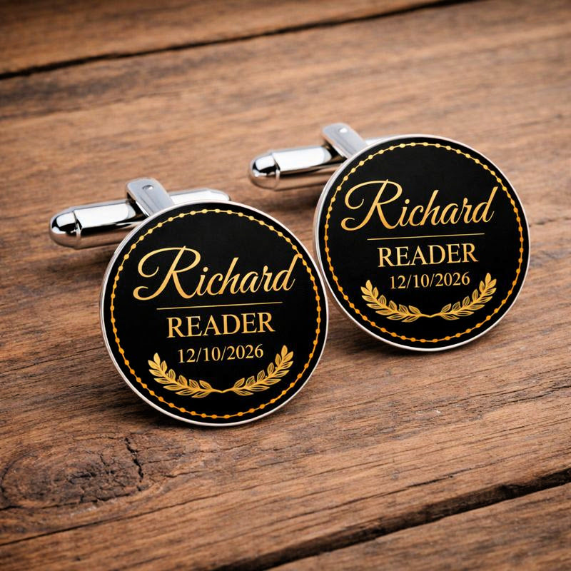 Personalised reader cufflinks wedding thank you gift black and gold