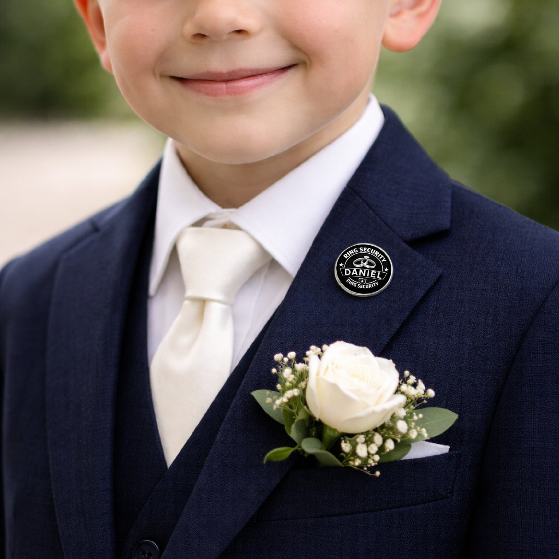 Young page boy wearing navy suit with white rose boutonniere and Ring Security badge pinned to lapel.