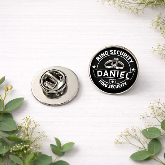 Personalised Ring Security lapel pin with black and silver design shown front and back, butterfly clutch fastening visible.