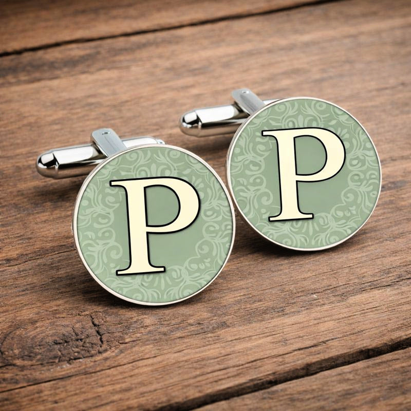 Personalised green initial wedding cufflinks with damask pattern