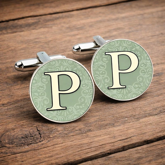 Personalised green initial wedding cufflinks with damask pattern