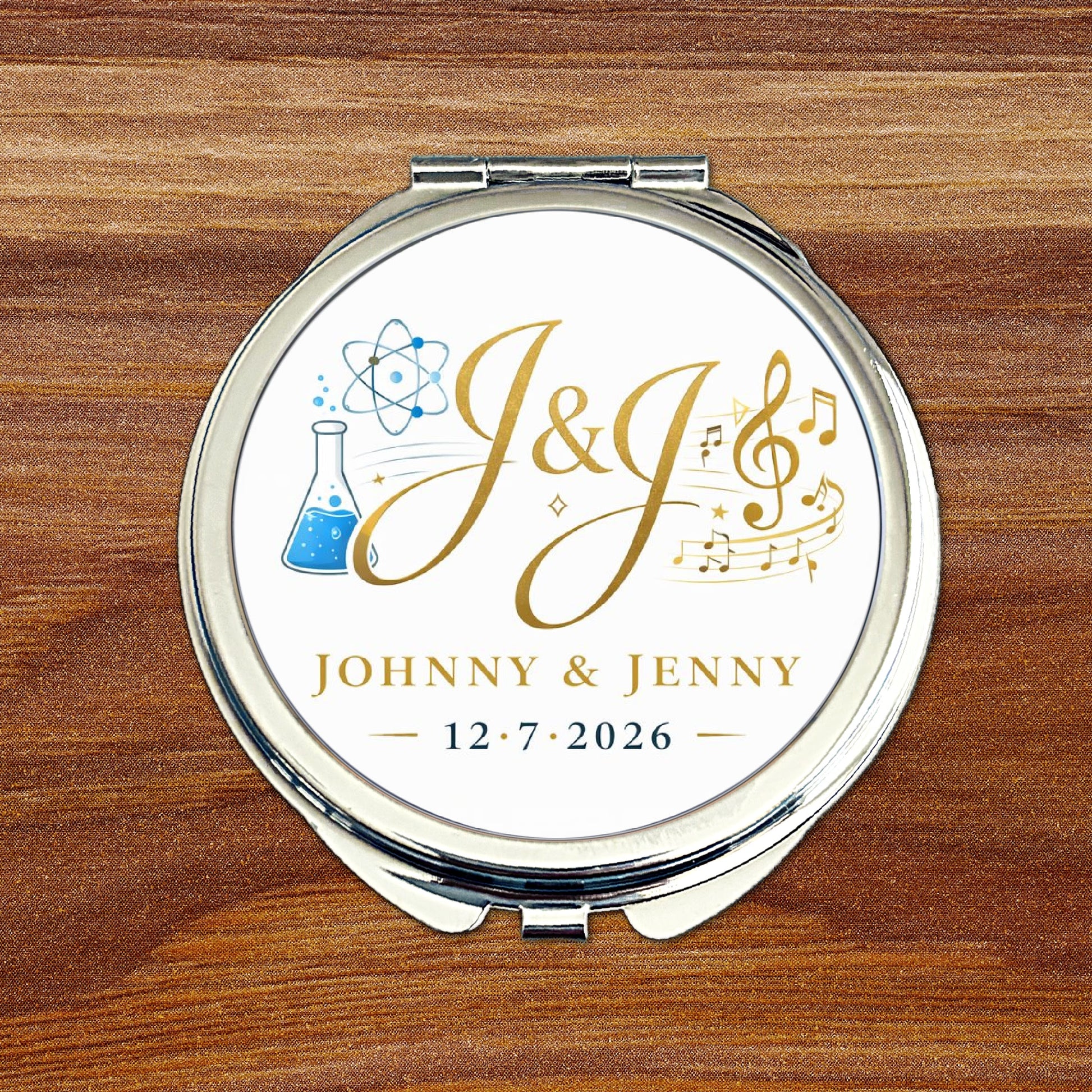 Personalised wedding logo compact mirror with custom couple initials and wedding date
