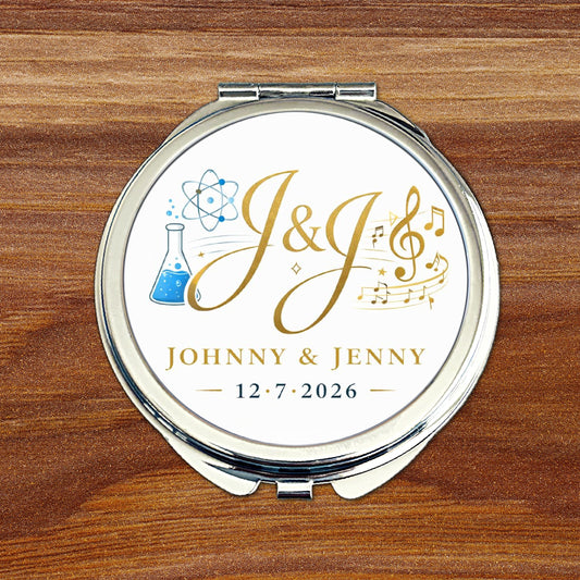 Personalised wedding logo compact mirror with custom couple initials and wedding date
