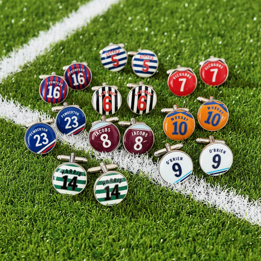 Personalised football shirt cufflinks with custom name and number in team colours for groomsmen gifts