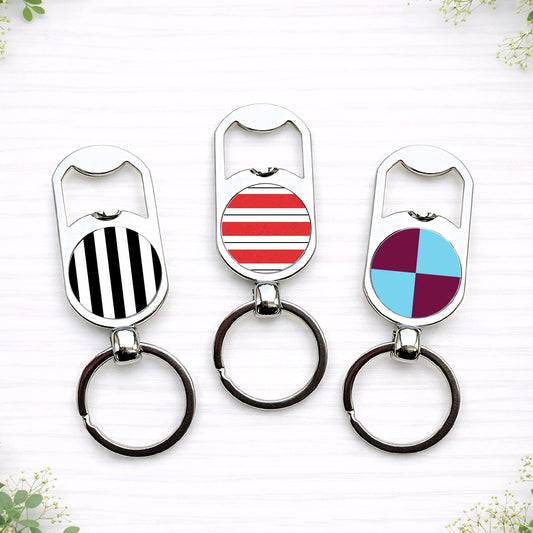 Personalised team colours bottle opener keyrings featuring custom striped and quartered sports colour designs