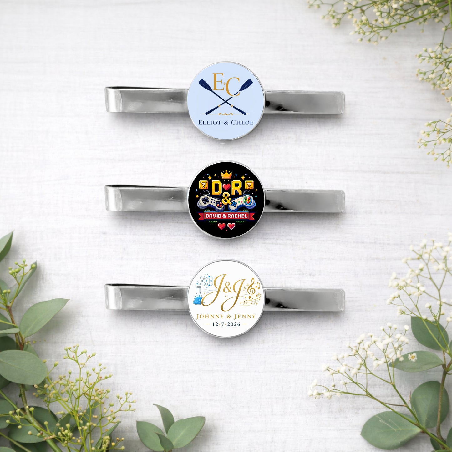 Custom wedding logo tie bar with personalised couple initials and date