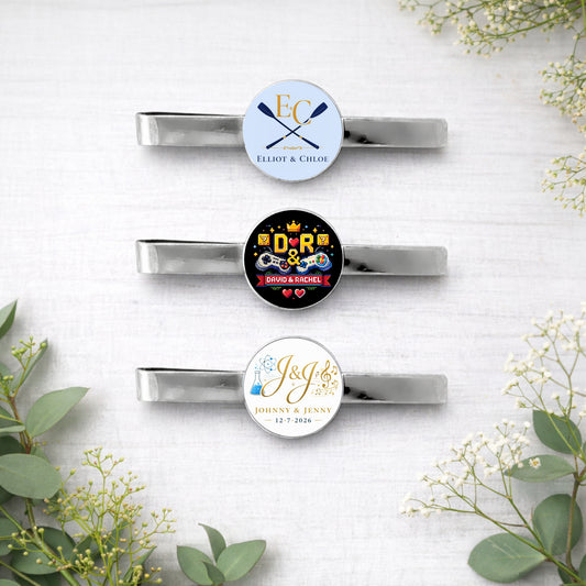 Custom wedding logo tie bar with personalised couple initials and date