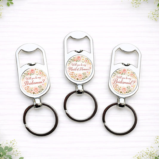 Personalised bridal party proposal bottle opener keyrings with “Will you be my Bridesmaid?” and Maid of Honour designs.