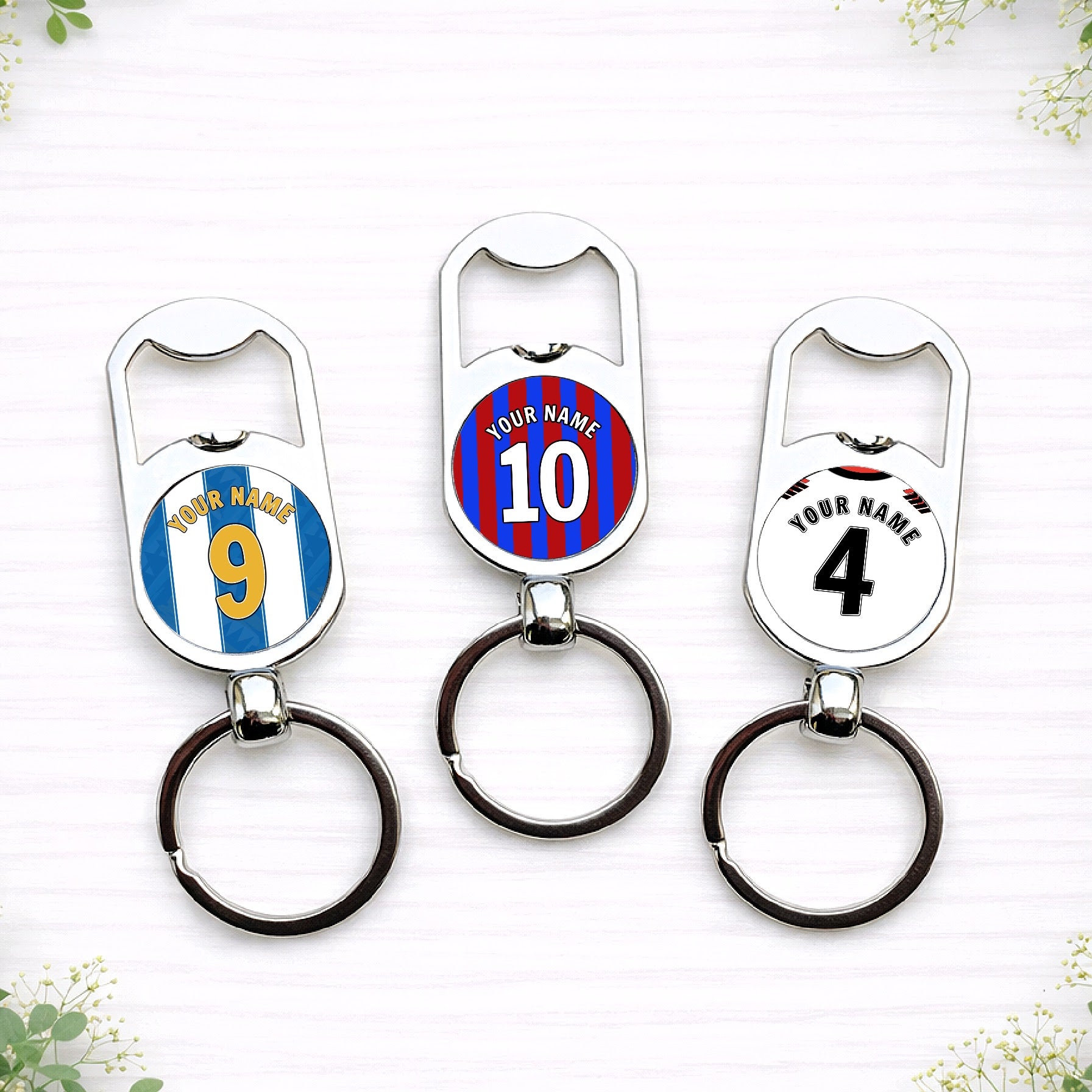 Personalised football shirt style bottle opener keyrings with custom name and number in team colours