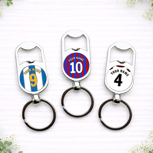 Personalised football shirt style bottle opener keyrings with custom name and number in team colours
